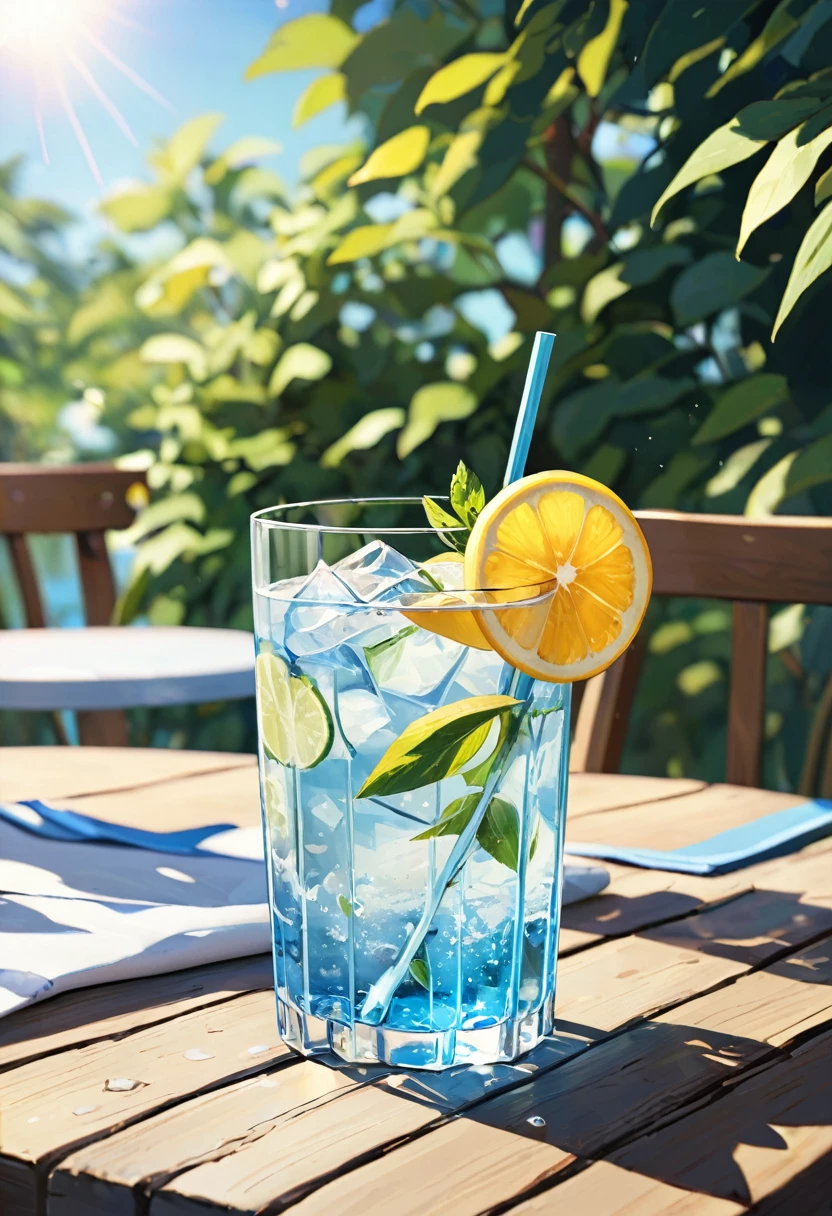 a glass of iced water, on the table, summer noon, --no lemon,