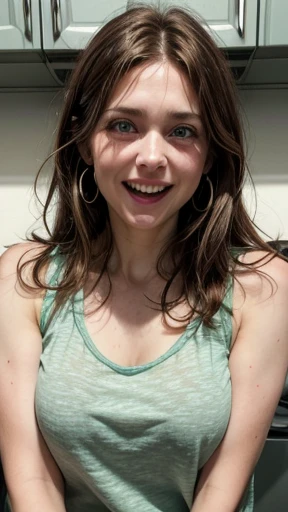 White woman, 35 years old, Brown hair, long hair, messy hair, Nice face, simetric face, Green eyes, Nice body, tank top, laughing, earrings 