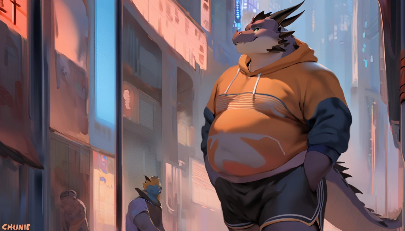 Dragon,male, adult, chubby,round belly,yaoi, doujin,wearing stylish sweatshirt, Shorts, cyberpunk big city, detail background, out view scale, pixiv artwork,hd,4k, colour full, smooth lighting, Netflix cinema quality, by chunie, by quanjiang,