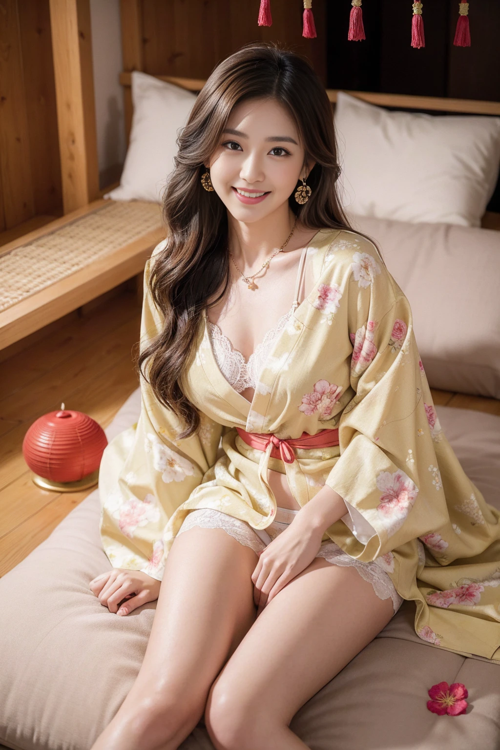 high quality,8K, Detailed facial depiction, Detailed description of the eyes,One Woman, Light brown hair(Medium-long hair),Beautiful Japanese Girl,24-years-old,Cute eyes,Cute Smile,Yukata beauty,The yellow floral yukata is open and very sexy.,The front of the yukata is open, revealing a sexy bra,Floral lace underwear,String panties,Slender body, Large, plump breast size, Long and beautiful legs,Smiling, Colorful earrings,necklace,Are standing,Beautiful nape,Japan tatami room,Feminine gestures,Dry landscape garden,wind chimes,A bedroom with futons,Lying on a futon