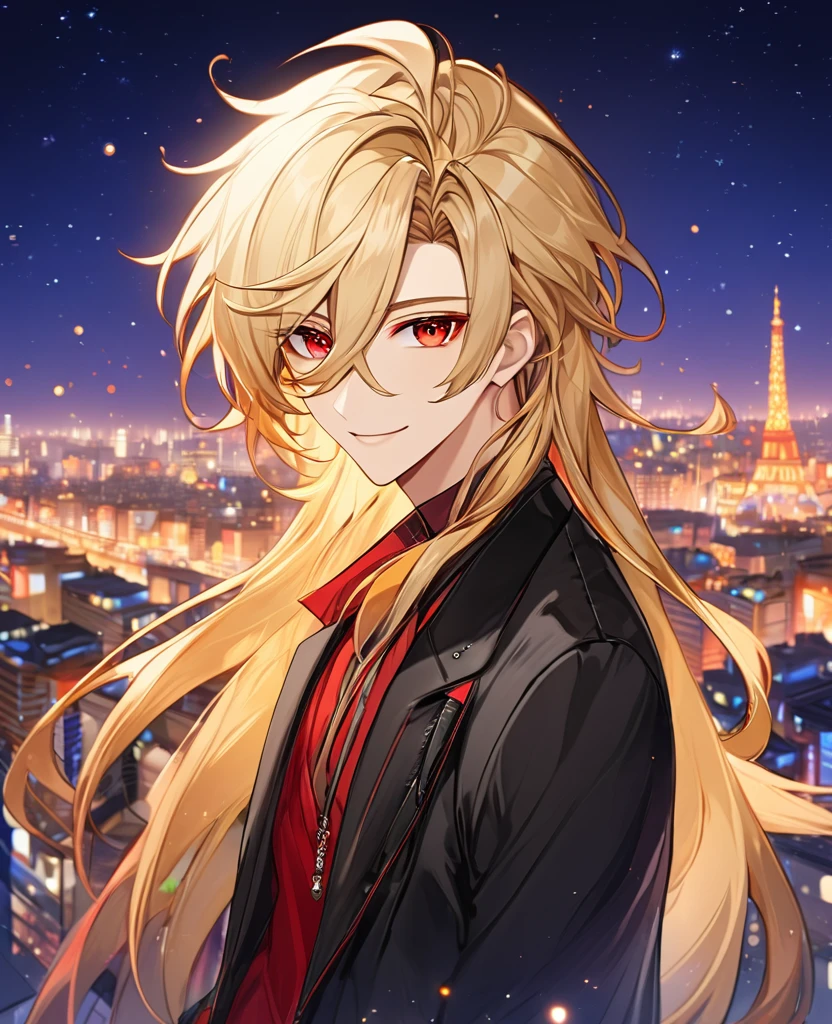 (Blonde_hair),(long_male_hair), (red_vibrant_eyes), (detailed_eyes), (warm_smile), (attractive), (background_colorful_night_city), (male), (detailed_Hair), (detailed), wears a 19's outfit,