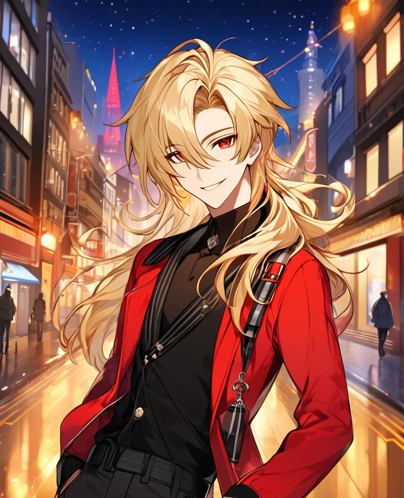 (Blonde_hair),(long_male_hair), (red_vibrant_eyes), (detailed_eyes), (warm_smile), (attractive), (background_colorful_night_city), (male), (detailed_Hair), (detailed), wears a 19's outfit,