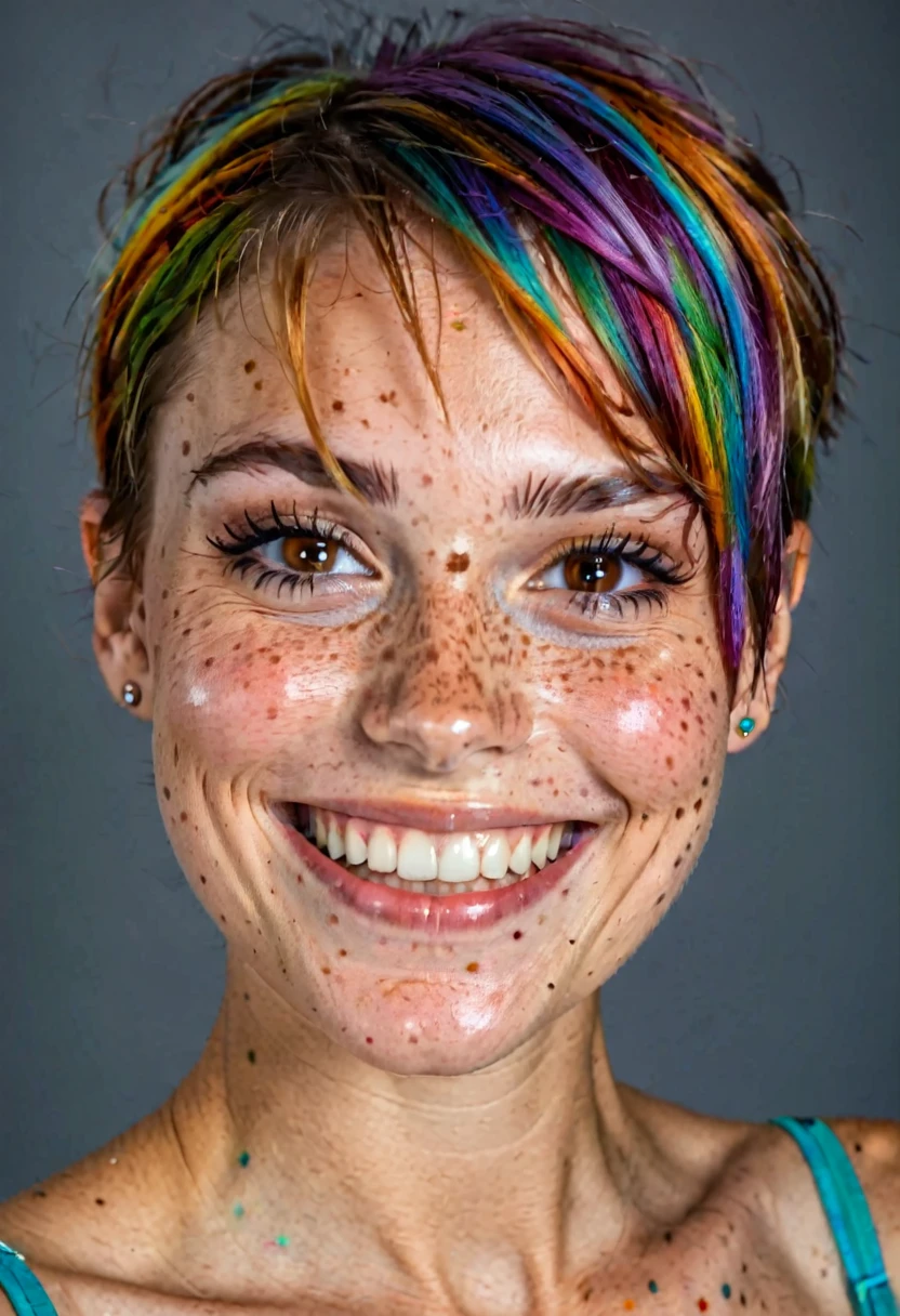 beautiful lady, (freckles), big smile, brown hazel eyes, Short hair, rainbow color hair, dark makeup, hyperdetailed photography, soft light, head and shoulders portrait, cover