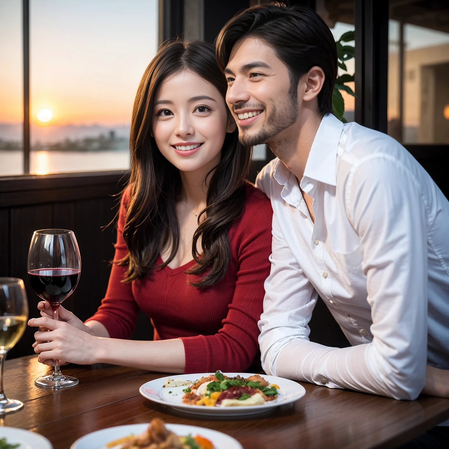 ((Highest quality、、masterpiece:1.3))、 (Genuineistic, Genuine、Bright image、Intricate details:1.2), 最高のsmile、1 male、1 female、The body is slim、Beautiful couple、Satomi Ishihara-like lover、Good friends、actress couple、smile、Full-course dinner at a packed table、 (Slim face), (the body is slim), (Brown Hair), (short hair), テーブルのwine glass、Please shine a light on my face、 Amazing view of the sunset sky and clouds、 (Age 35)38 years old, red wine 、Wine bottle、sparkling wine、Long sleeve shirt、dress、White wine, red wine, wine glass,