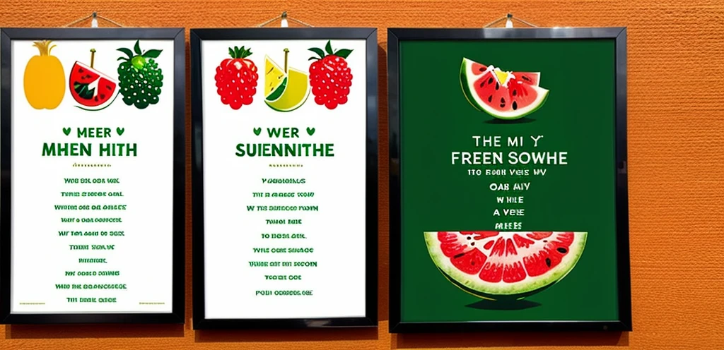 The sign size is 150 cm x 50 cm but would like to adjust the green tone fruit smoothie sign. Look at the health conscious section with pictures of fruits. Please give me pictures of avocado, watermelon, durian, orange, pineapple. Other types are welcome at the back.