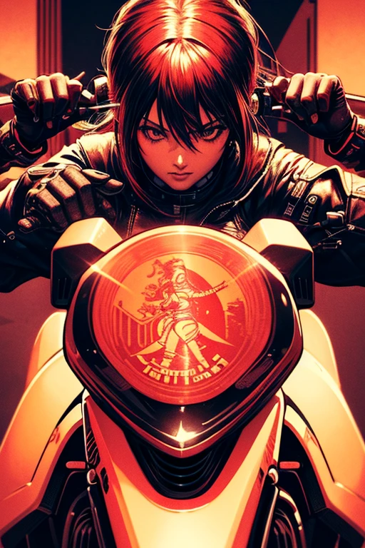 Cyberpunk style woman, riding a Harley Davidson motorcycle, 2d style, 8k, (Artwork), (best quality), (best detail), (distant overview), (stamp), (main color of illustration: bright saturated red ),(detailed, lots of contrast)