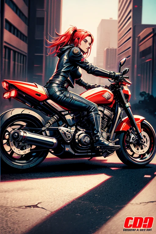 Cyberpunk style woman, riding a Harley Davidson motorcycle, 2d style, 8k, (Artwork), (best quality), (best detail), (distant overview), (stamp), (main color of illustration: bright saturated red ),(detailed, lots of contrast)
