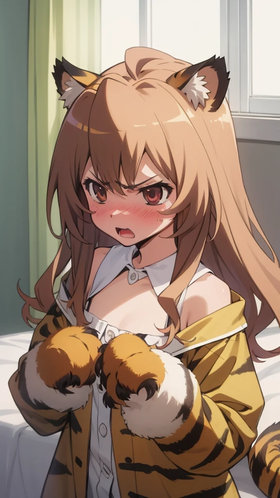 anime, 2d, anime style, (highly detailed:1.2), (highres:1.2), 1girl, aisaka taiga, flat chest, tiger print pajamas,animal hands, paw gloves, fake animal ears, tiger ears, angry, blush, embarrassed, tsundere, bedroom,
