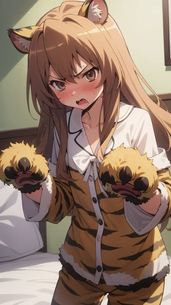 anime, 2d, anime style, (highly detailed:1.2), (highres:1.2), 1girl, aisaka taiga, flat chest, tiger print pajamas,animal hands, paw gloves, fake animal ears, tiger ears, angry, blush, embarrassed, tsundere, bedroom,
