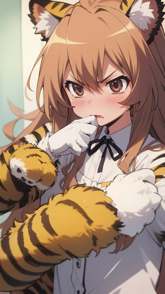 anime, 2d, anime style, (highly detailed:1.2), (highres:1.2), 1girl, aisaka taiga, flat chest, tiger print pajamas,animal hands, paw gloves, fake animal ears, tiger ears, angry, blush, embarrassed, tsundere, bedroom,
