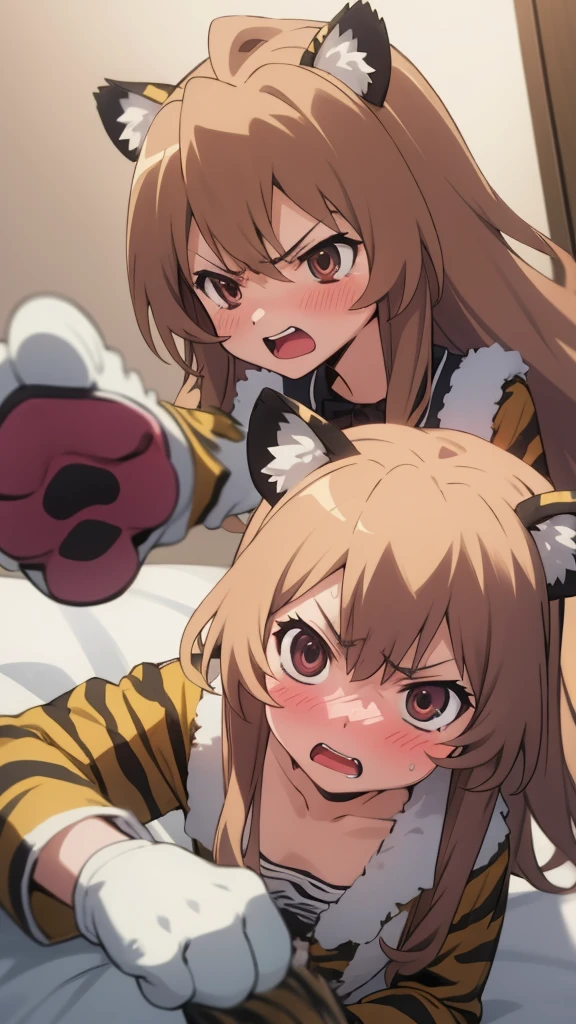 anime, 2d, anime style, (highly detailed:1.2), (highres:1.2), 1girl, aisaka taiga, flat chest, tiger print pajamas,animal hands, paw gloves, fake animal ears, tiger ears, angry, blush, embarrassed, tsundere, bedroom,
