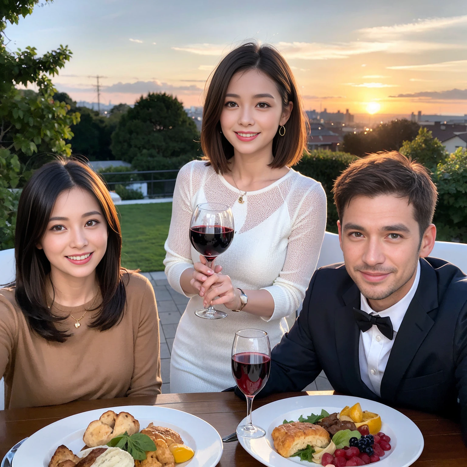 ((Highest quality、8K、masterpiece:1.3))、 (Genuineistic, Genuine、Bright image、Intricate details:1.2), 最高のsmile、1 male 1 female、Wine Party、Love Love Love、fiancee、Model Friends、actress couple、smile、A full-course dinner with a full table、 (Slim face), (the body is slim), (Brown Hair), (short hair), テーブルのwine glass、Please shine a light on my face、 Amazing view of the sunset sky and clouds、 39 years old, 41 years old、red wine 、Appetizers、Wine bottle、sparkling wine、Long sleeve shirt、dress、White wine, red wine, wine glass,