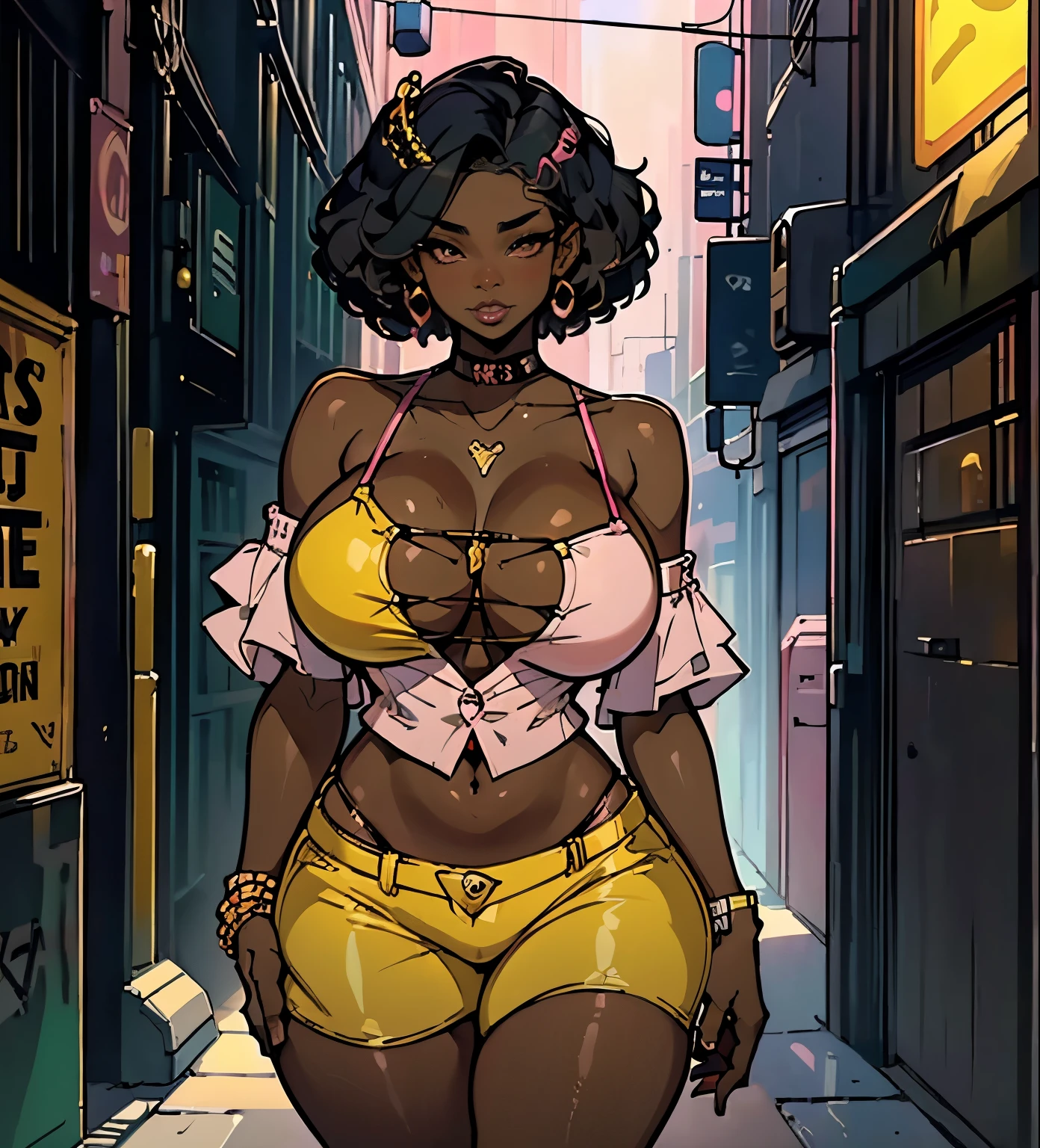 masterpiece, ((better quality)), ebony, slut, group, 3_female, dark skin, afro_style, seductive, vulgar clothes, casual clothes, acid colors ((pink, yellow, green, red)), drunk_party, alleyway background (((porno, sexy)))