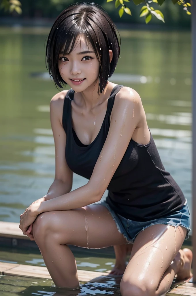 1girl, solo, (smile:1.25), cute japanese girl, (li), break,
straight hair, (short hair:1.75), (hair over one eye:1.5), (flat chest:1.15), break,
(dark skin:1.35), (sweaty skin:1.2), break,
wet, (wet clothes:1.2), navy tank top only, break,
(leaning forward:1.3), (hands on knees:1.3), break,
Height, Low Height, lens: 135mm f1.8, break,
(highest quality), (RAW Photos), (8k, RAW photo, best quality, masterpiece:1.2), (realistic, photo-realistic:1.4), (extremely detailed 8k wallpaper), highest quality, masterpiece, High resolution,
in the lake,