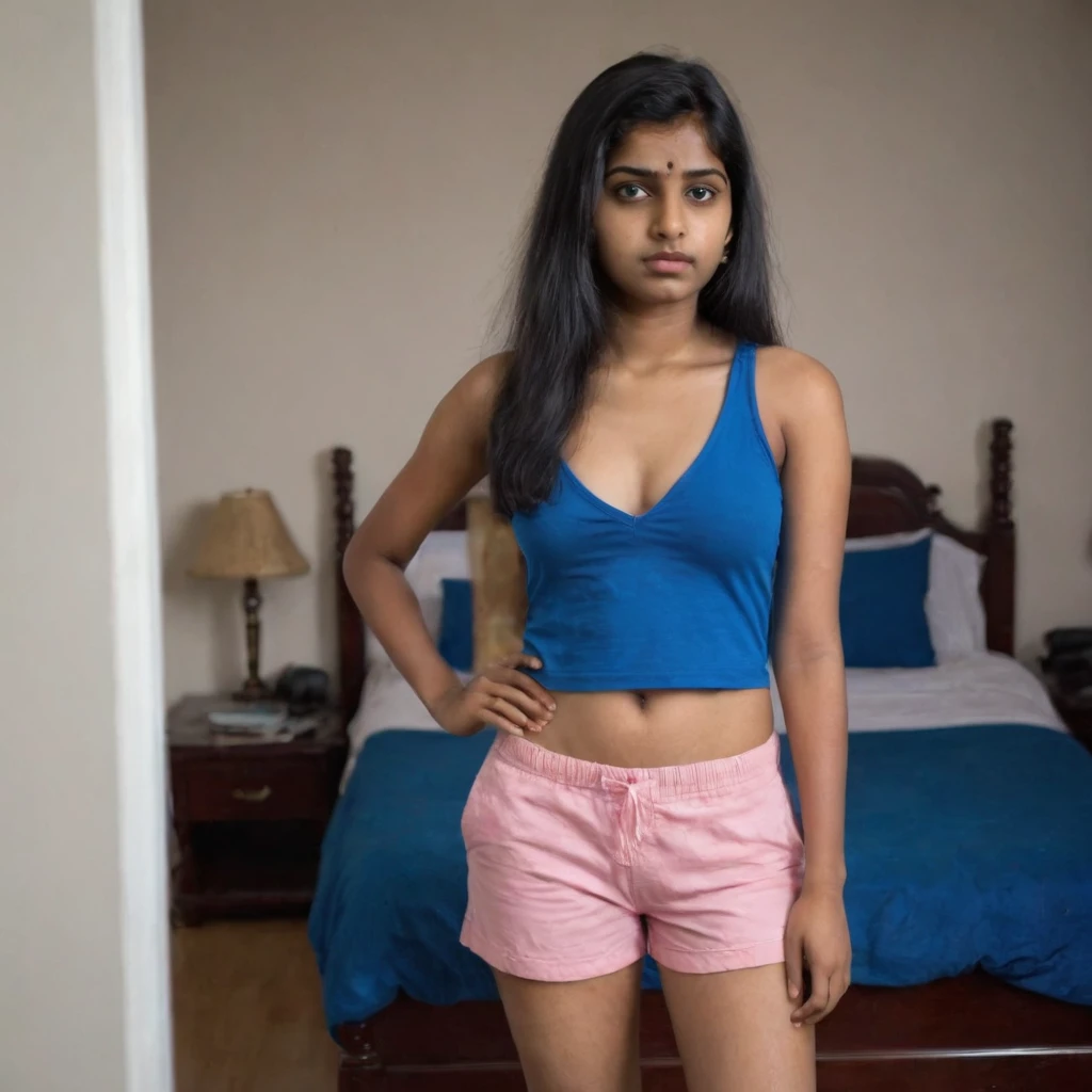 Full body shot of a 18 year old medium size Indian girl in pink shorts and blue top, at home, cleavage visible.