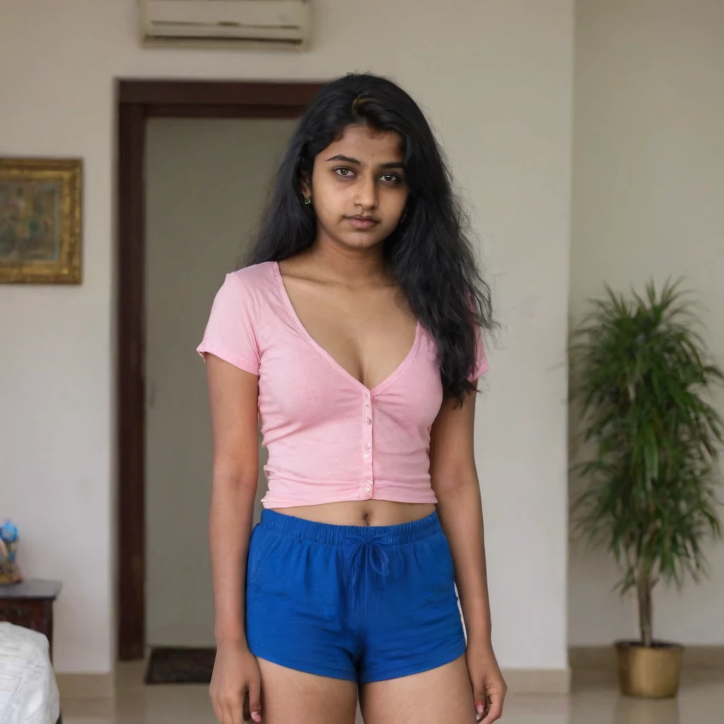 Full body shot of a 18 year old medium size Indian girl in pink shorts and blue top, at home, cleavage visible.