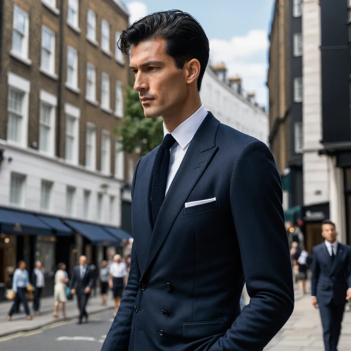 photorealistic, cinematic, raw photo, low angle shot, man, mature, black hair, short side part hairstyle, clean shaven, tall, thin, scar on cheek, wearing dark navy doublebreasted suit, white shirt, black knitted necktie, walking on streets of London, summer, sunny