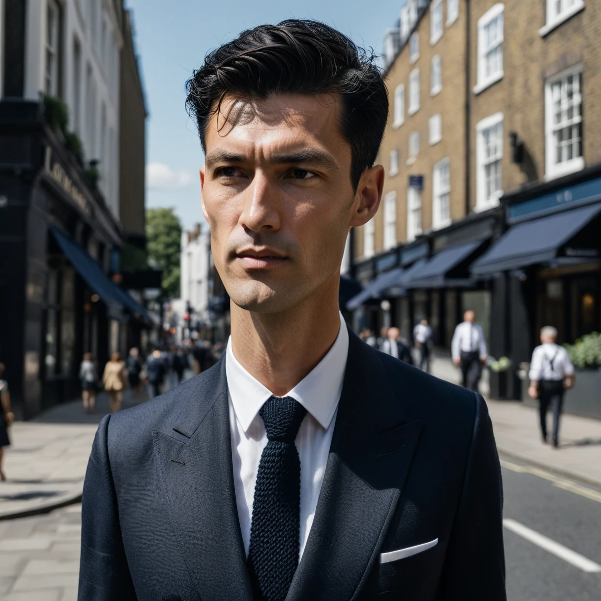 photorealistic, cinematic, raw photo, low angle shot, man, mature, black hair, short side part hairstyle, clean shaven, tall, thin, scar on cheek, wearing dark navy doublebreasted suit, white shirt, black knitted necktie, walking on streets of London, summer, sunny