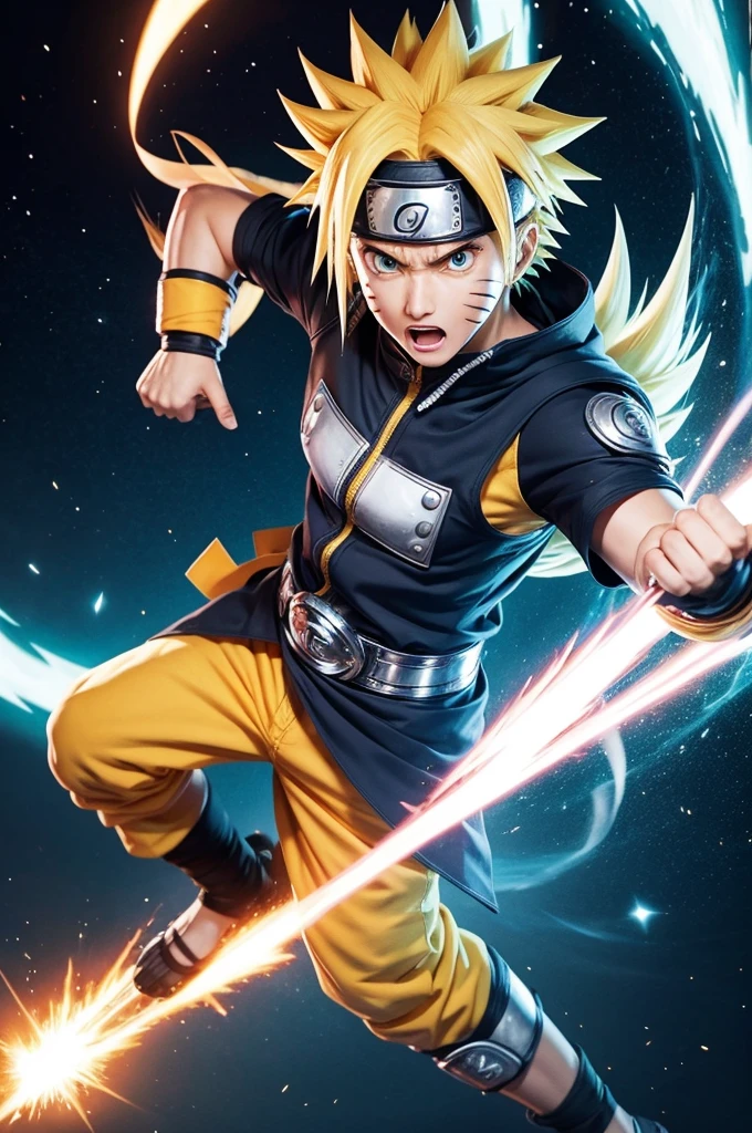 Naruto dressed in pegasus armor releasing a kamehameha