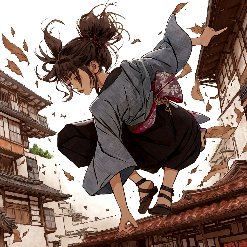 Japanese woman in kimono landing on roof、Acrobatics、Twisting the body、Place your left hand on the ground、Extend your right hand back、Collapsed Japanese house、Parkour-like movements、Tie your hair back、Sober kimono、