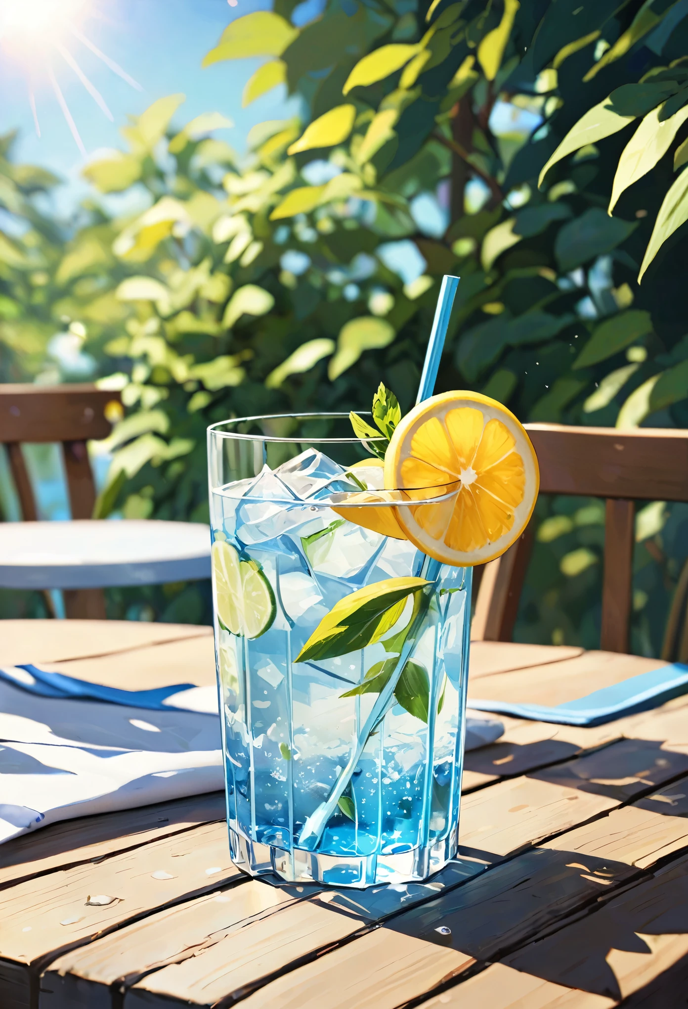 a glass of iced water, on the table, summer noon, --no lemon,