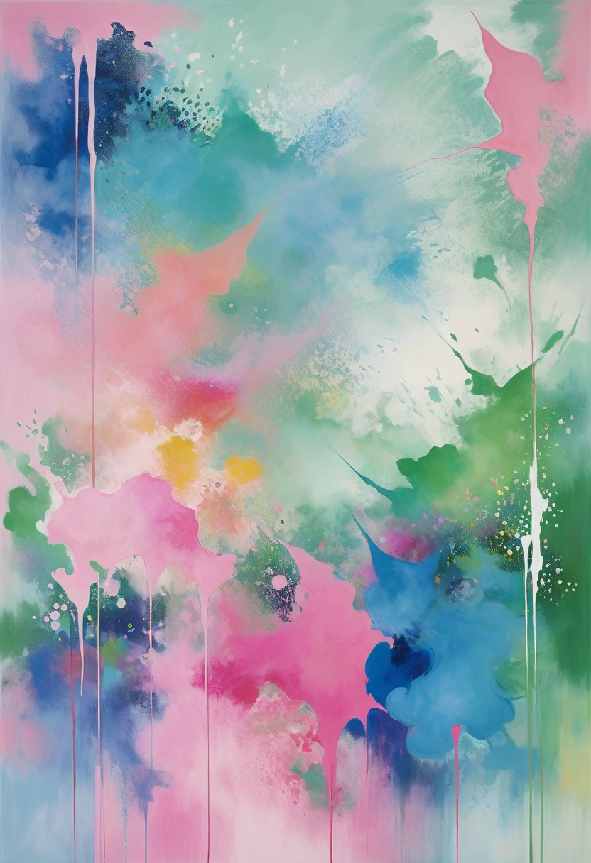 抒情abstract, pink、blue and green mist, 略显abstract, 灵感来自汉斯·Hoffman, abstract现实主义, abstract, abstract丙烯画, abstract技巧, abstract印象派, With this picture carrier,Generate an image with a certain artist(matisse、Hoffman,Cézanne,Chagall,miro)Works in five artist styles,Fusion of five artistic styles,The picture has a certain contemporary quality,Contains contrasting colors,Complementary colors,Adjacent colors,Area comparison,Chiaroscuro,A work with a strong sense of space。Fully reflects the styles and integration of the five artists,Add some details。