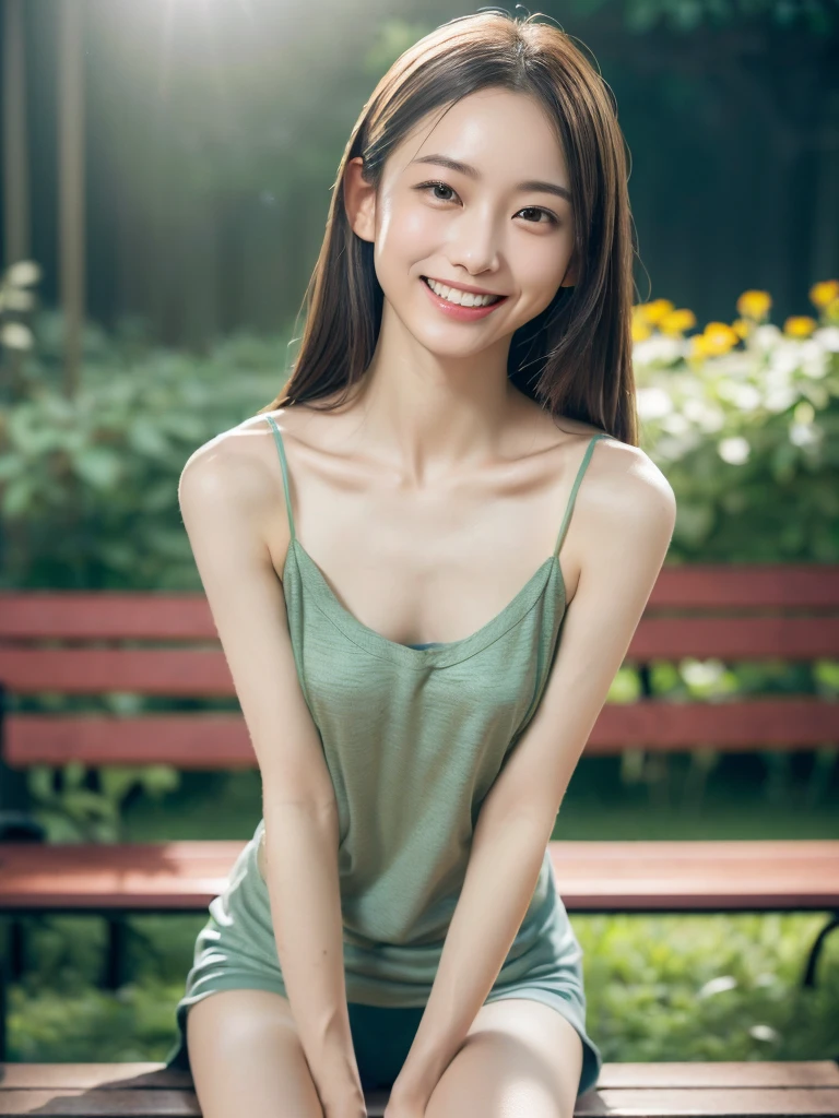 Beautiful young girl,Face lighting,最high quality, ((((Very smiling,camisole,Beautiful feet,Sit on a bench,garden))),非常にBeautiful detailsな顔, (Slender body:1.4), (Detailed face:1.2), Conceptual Art, high quality, Realistic, Very detailed CG 統合 8k 壁紙, Very detailed, High resolution raw color photos, Professional photography, Cinematic Light, Beautiful details, Super detailed, Advanced Details, Depth of written boundary, Super stylish lighting, (Beautiful small chest:1.2), Smooth and flawless skin, Expressive and captivating eyes, Well-defined facial features, A perfectly balanced face, Fine Details and Realistic Textures,Blurred Background、Round Glasses