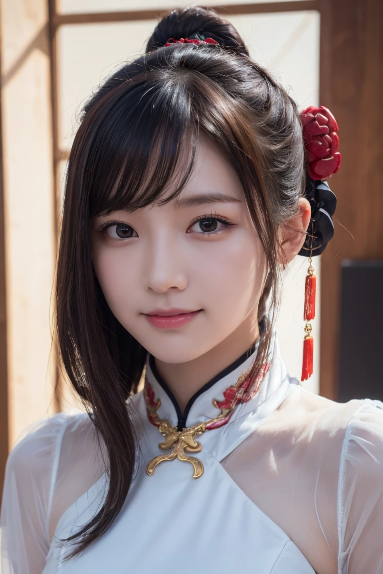 ((China dress:1.3)), Skin color, big , smile, (8K, RAW Photos, Highest quality, masterpiece:1.2), masterpiece, super detailed, super high quality, (Realistic and photorealistic photography:1. 37), High-resolution RAW color photos, Very delicate and beautiful, highly detailed, 8K壁紙, wonderful, detailed, Very eye, very detailed, very detailed skin, very thin fingers, very detailed nose, very detailed mouth, Perfect Anatomy, Upper Body, Transparency, small , Nogizaka idol, Korean Idol, idol carving'stop temporarily, 18-year-old, cheap, Cafe, restaurant, Italy, deer, Australia, break ((Upward glance)), ((angle From above: 1. 3)), From above, Looking into the camera,
