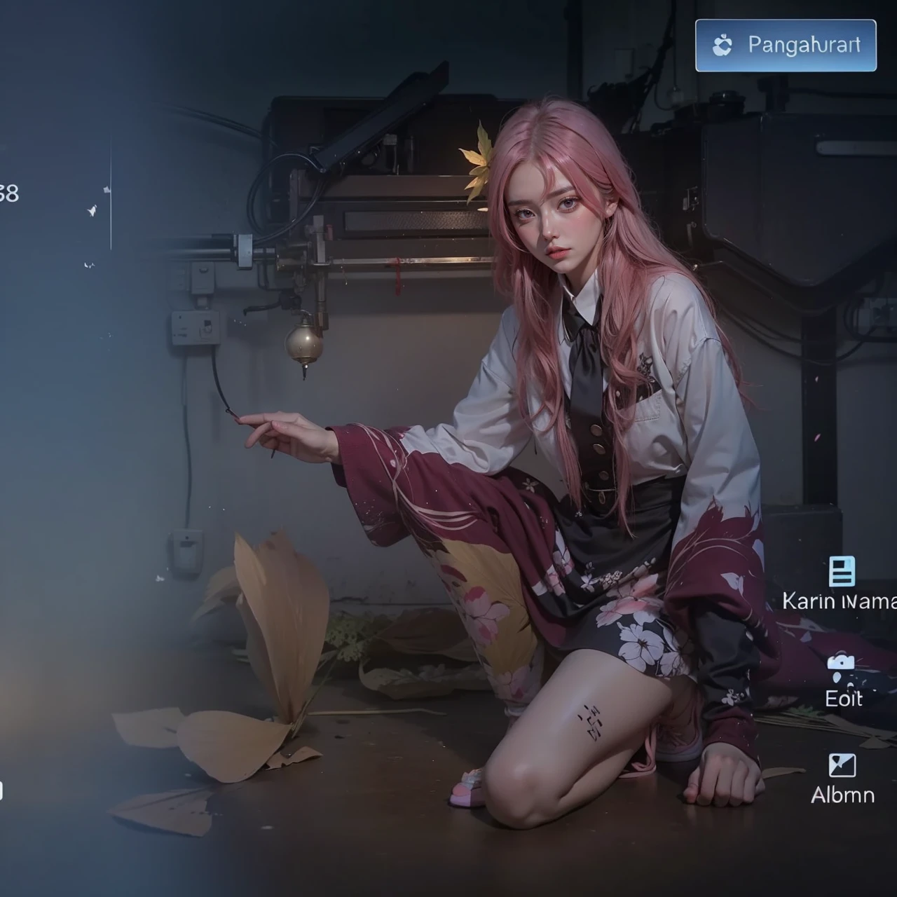 Light pink hair, pink eyes, pink and white, sakura leafs, vivid colors, white dress, paint splash, simple background, ray tracing, wavy hair