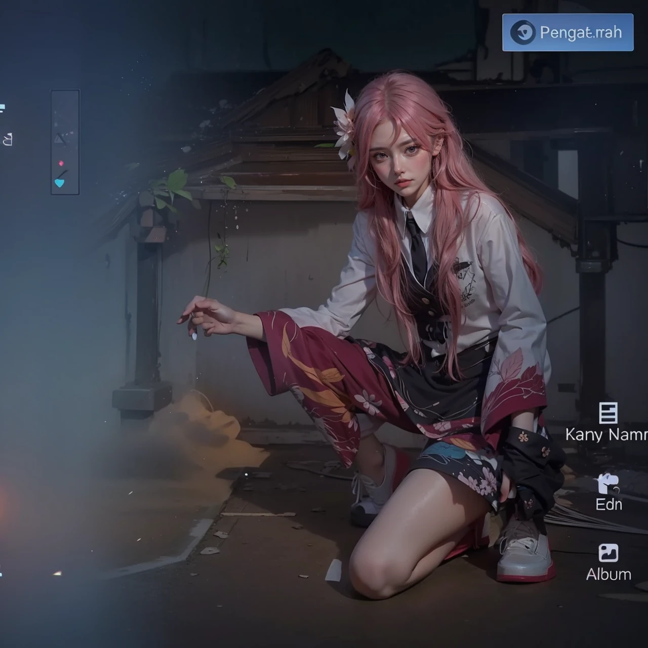 Light pink hair, pink eyes, pink and white, sakura leafs, vivid colors, white dress, paint splash, simple background, ray tracing, wavy hair