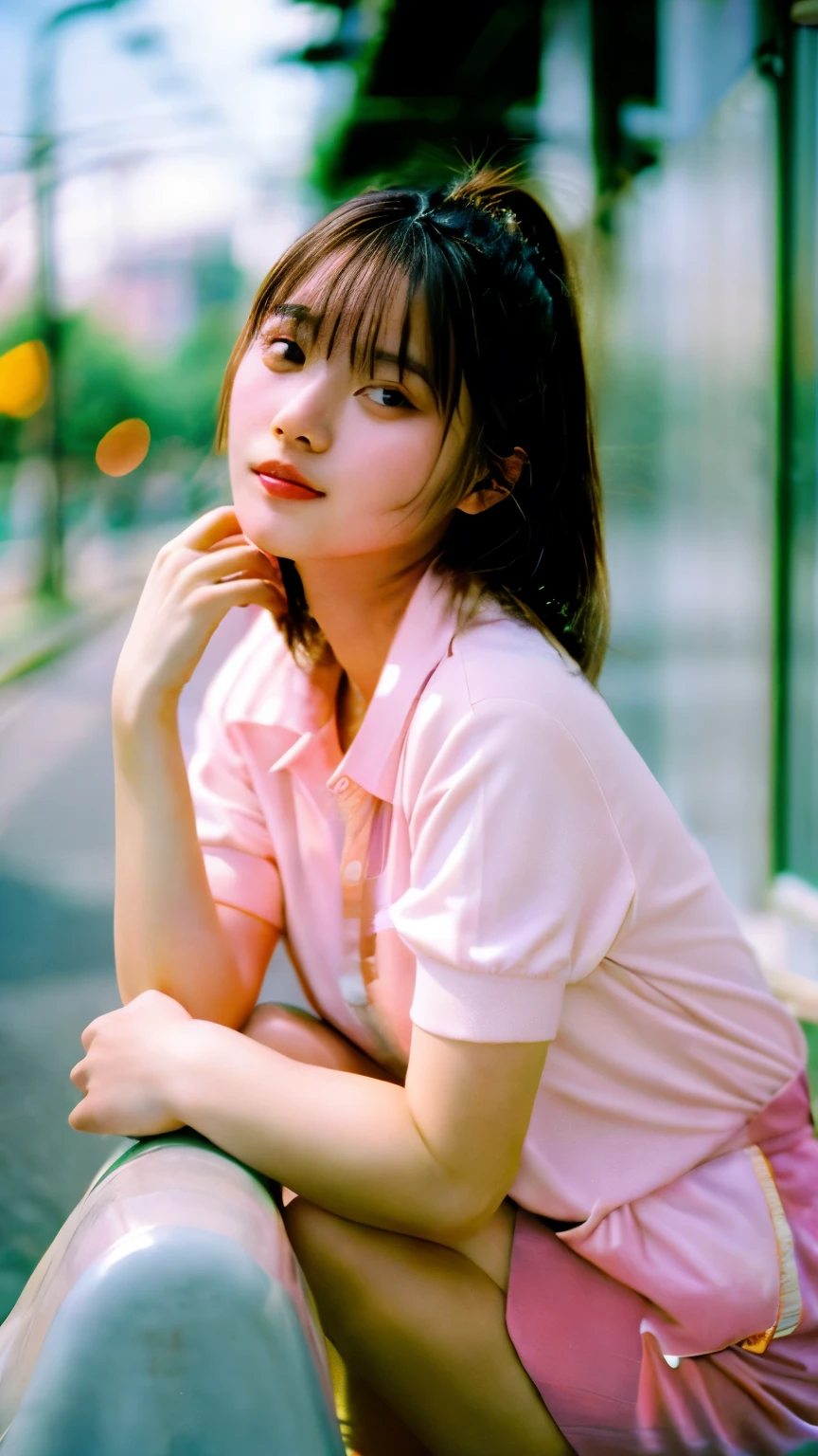 Asian girl with beautiful face Wear a light pink shirt. Wearing shorts, posing for a portrait, 50 mm film.