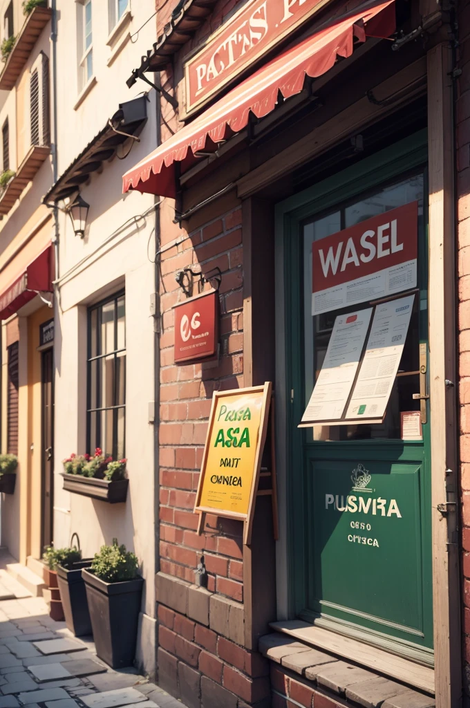 Close-up. Promotional poster for Pixar's Pasta of Pisa featuring a cartoon funny white, red and green Leaning Tower of Pisa chef holding a dish of pasta and smiling at the camera. In the background is one pasta restaurant called "Pasta Pisa" with a white striped awning and green and red walls. In Pixar style. Blurred background, light haze.