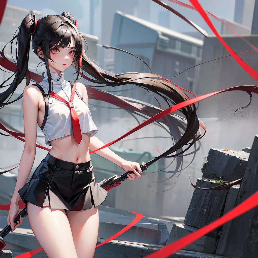 Anime, girl in a short miniskirt, panties visible, red-black hair, Twin Tail, in a beautiful area, rainy weather, 3d, more realistic.