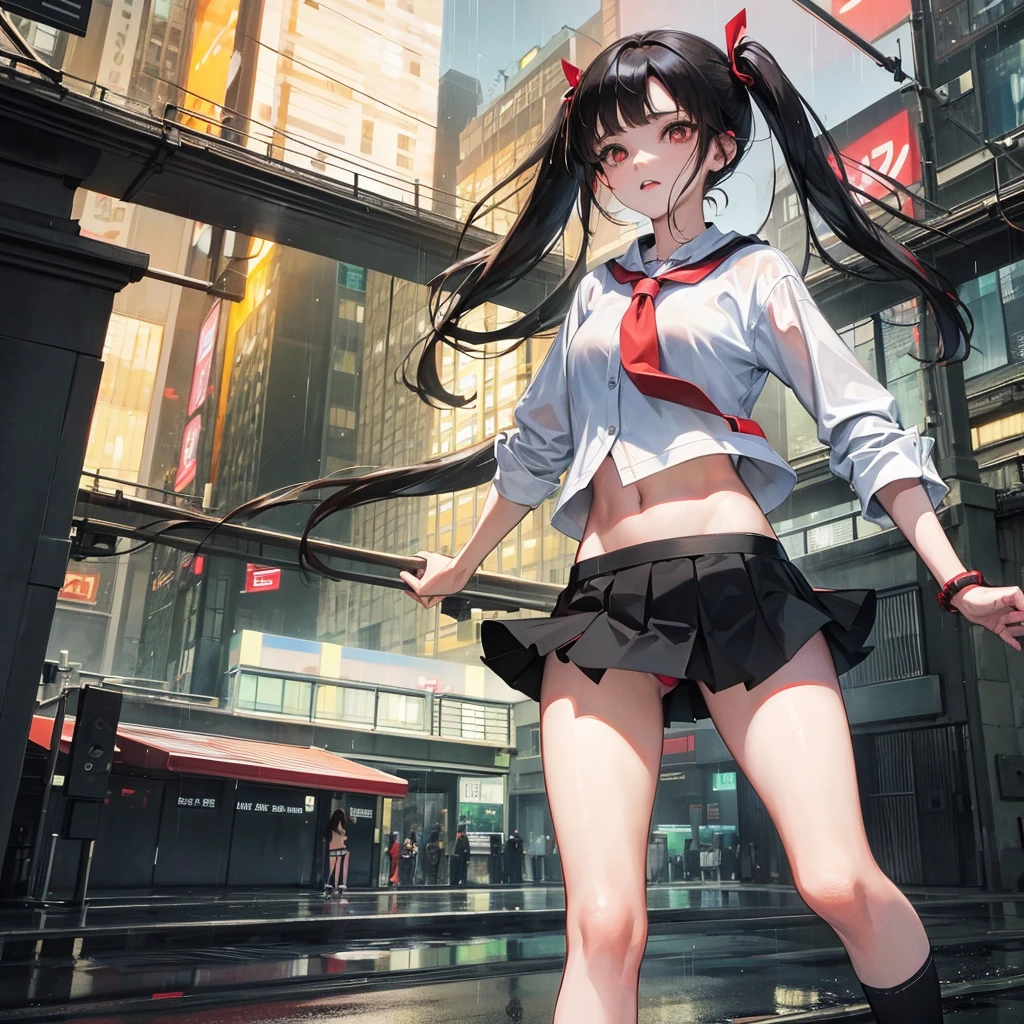 Anime, girl in a short miniskirt, panties visible, red-black hair, Twin Tail, in a beautiful area, rainy weather, 3d, more realistic.