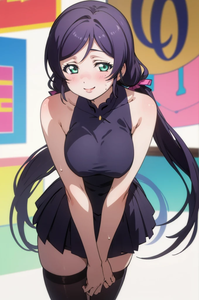 (masterpiece, best quality), 1girl,    nozomi toujou,huge breasts,idol costume,,sweating,sleeveless,thighhighs,miniskirt,looking viewer,smile,1piece dress,lean forward,,squeeze breasts