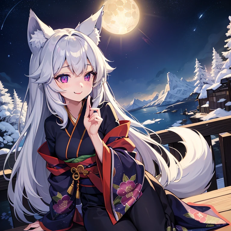 Masterpiece, best quality, High quality, 1 anthro wolf girl, has brown wolf ears and tail, wears kimono, has purple eyes, Best eyes, in the mountain, Full Moon in the sky, stars in the sky, Night, shy smile