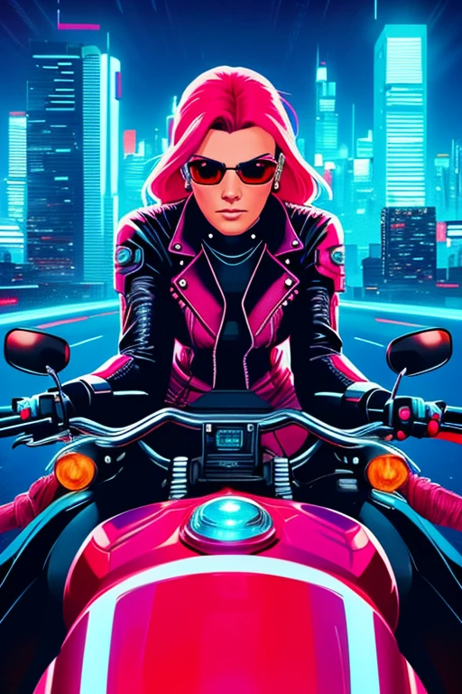 Cyberpunk style woman, riding a Harley Davidson motorcycle, 2d style, 8k, (Artwork), (best quality), (best detail), (distant overview), (stamp), (main color of illustration: bright saturated red ),(detailed, lots of contrast)