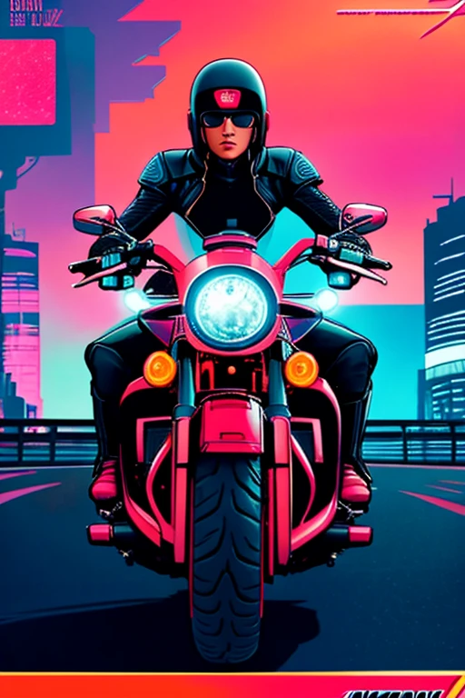 Cyberpunk style woman, riding a Harley Davidson motorcycle, 2d style, 8k, (Artwork), (best quality), (best detail), (distant overview), (stamp), (main color of illustration: bright saturated red ),(detailed, lots of contrast)