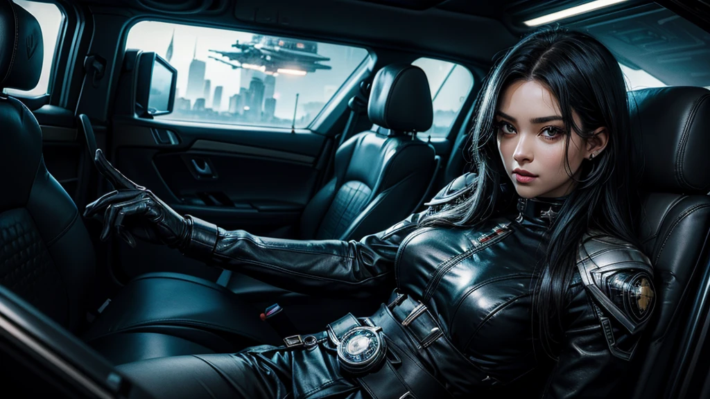 A beautiful woman. Twenty-five years old. Black hair. Beautiful double eyes. The bridge of my nose. Well-shaped lips. She is looking at the camera with a defiant expression. She wears black metallic combat uniform. There is something on his waist that is reminiscent of Kamen Rider's transformation belt. She is sitting in the command seat of Starfleet. Outer space can be seen outside the window.