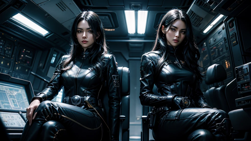 A beautiful woman. Twenty-five years old. Black hair. Beautiful double eyes. The bridge of my nose. Well-shaped lips. She is looking at the camera with a defiant expression. She wears black metallic combat uniform. There is something on his waist that is reminiscent of Kamen Rider's transformation belt. She is sitting in the command seat of Starfleet. Outer space can be seen outside the window.