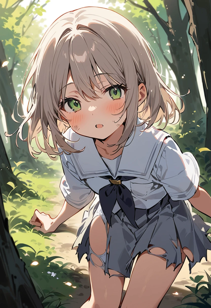 beautiful detailed girl,(masterpiece,best quality,extremely detailed:1.2),((cowboy shot:1.1)),(solo,10 years old,kawaii,slender,small breasts:1.25),(pained look:0.8),((white underwear) in ((Torn school uniform)):2),(dirty:2),blush,shy,weep,standing,(deep forest:1.5),(hug:0.4),rating: general, newest,Sexy face,(primitive:1.1)