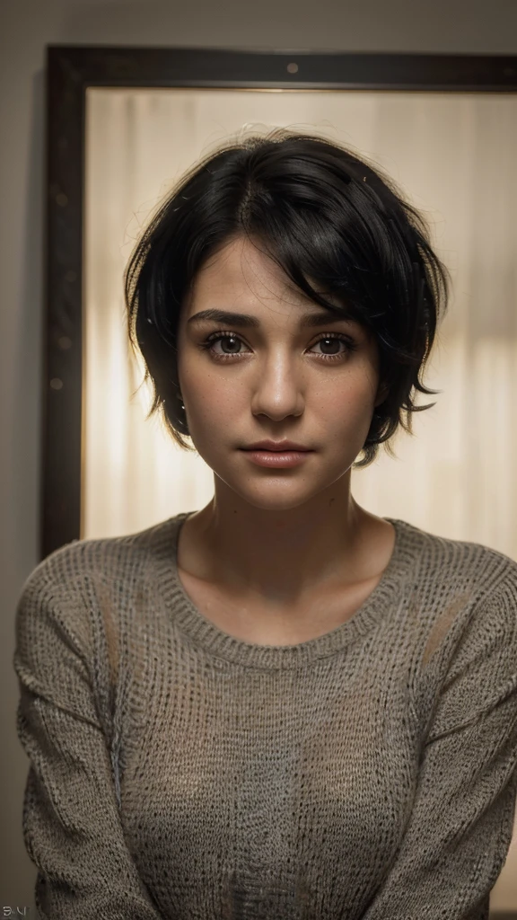 (masterpiece:1.3), (8k, photorealistic, RAW photo, best quality: 1.4), (1girl), beautiful face, (realistic face), (black hair, short hair:1.3), beautiful hairstyle, realistic eyes, beautiful detailed eyes, (realistic skin), beautiful skin, (sweater), absurdres, attractive, ultra high res, ultra realistic, highly detailed, golden ratio