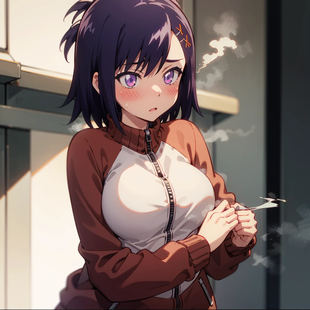 (masterpiece:1.2),best quality,highres,extremely detailed CG,perfect lighting,8k wallpaper,masterpiece,best quality,
1girl,steaming body,full-face blush,
1girl,Vignette April Tsukinose,big breast,zipper,TRACK JACKET,
jacket tug,clothes tug,zipping,
JACKET TUG,