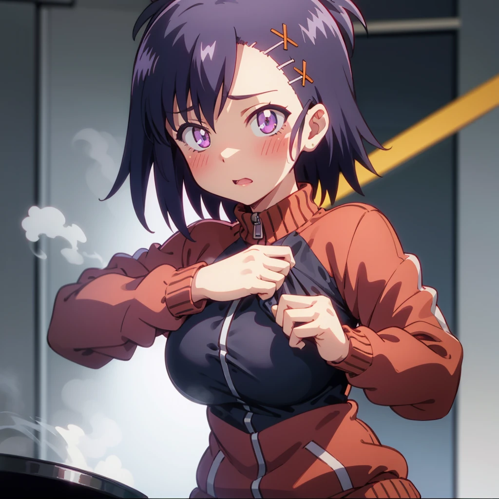 (masterpiece:1.2),best quality,highres,extremely detailed CG,perfect lighting,8k wallpaper,masterpiece,best quality,
1girl,steaming body,full-face blush,
1girl,Vignette April Tsukinose,big breast,zipper,TRACK JACKET,
jacket tug,clothes tug,zipping,
JACKET TUG,