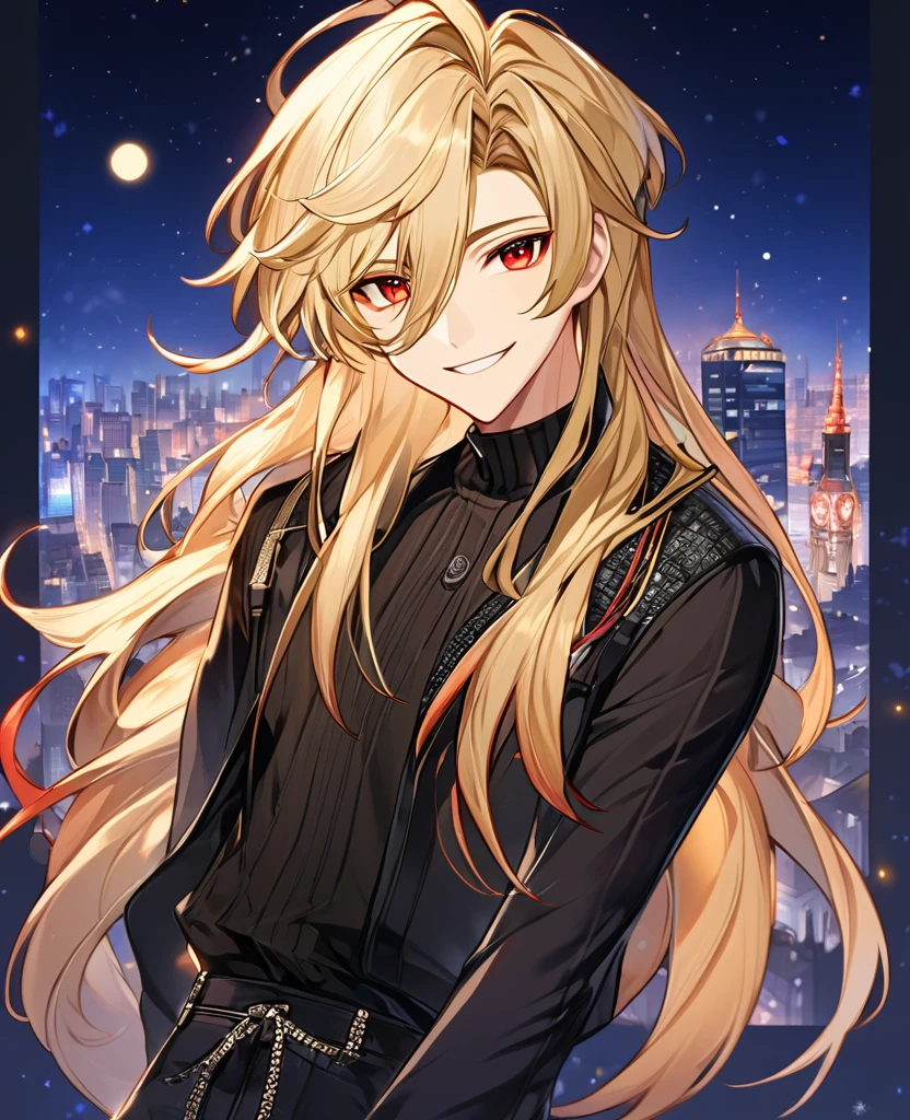  (Blonde_hair),(long_male_hair), (red_vibrant_eyes), (detailed_eyes), (warm_smile), (attractive), (background_colorful_night_city), (male), (detailed_Hair), (detailed), wears a 19's outfit, 