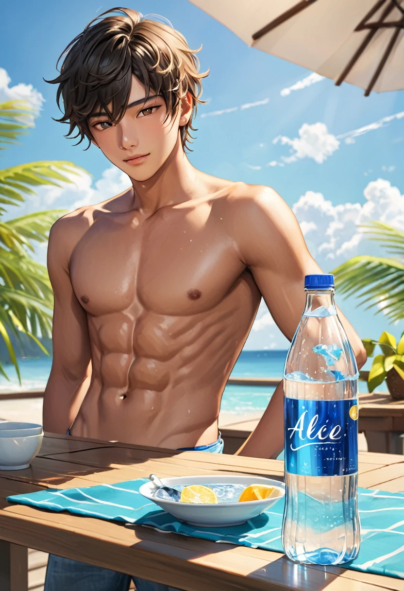 Realistic, a glass bottle of iced water, on the table, summer noon, a 16 y/o tanned idol boy, --no shirt, abs, (smile:0.7)