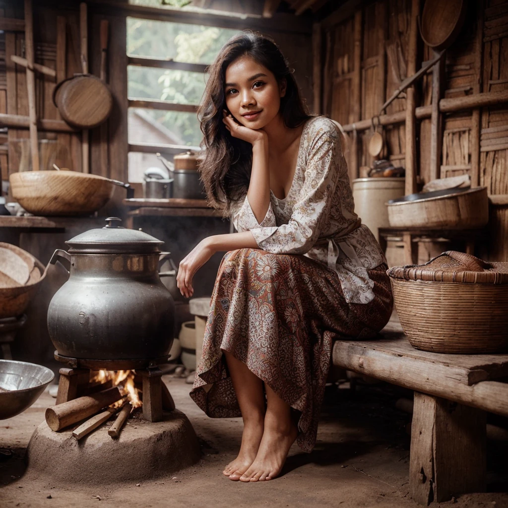 a very beautiful oval face Indonesian woman, 24 years old, ideal body, wearing a kebaya and batik jarik cloth, hair up. sitting on a wooden bench. cooking in the kitchen using firewood there is a clay stove, Boil eggs in boiling water. bamboo wall background, and old kitchen utensils. the floor is still dirt. smiling gently and very sweetly. Beside him was a 2 year old girl playing,