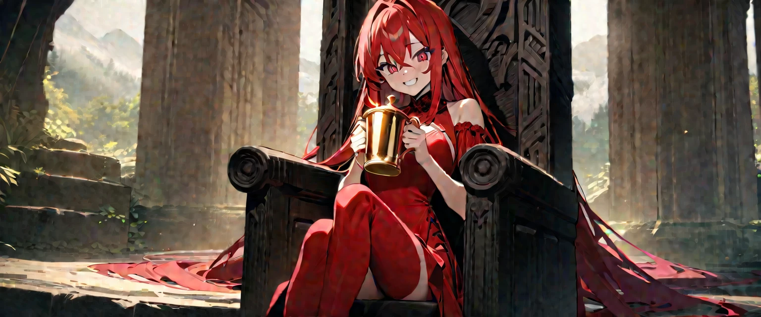 (((masterpiece,Highest quality))),((Smiling red-haired demon anime girl wearing a red one-piece dress and holding a golden cup while sitting on a throne)),((The golden cup is overflowing with poison)),((A throne in the wilderness of the dead,Evil Laugh)),アニメ,b3ks1n