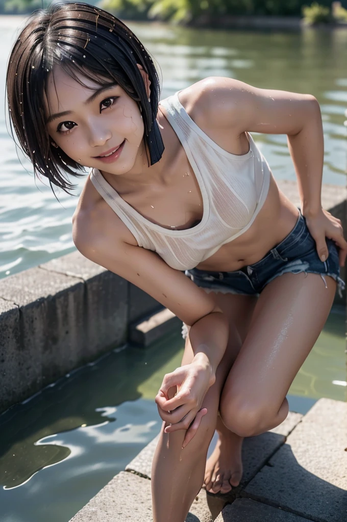 1girl, solo, (smile:1.25), cute japanese girl, (), break,
straight hair, (short hair:1.75), (hair over one eye:1.5), (flat chest:1.15), break,
(dark skin:1.35), (sweaty skin:1.2), break,
wet, (wet clothes:1.2), navy tank top only, break,
close up, from above, (leaning forward:1.3), (hands on knees:1.3), break,
Height, Low Height, lens: 135mm f1.8, break,
(highest quality), (RAW Photos), (8k, RAW photo, best quality, masterpiece:1.2), (realistic, photo-realistic:1.4), (extremely detailed 8k wallpaper), highest quality, masterpiece, High resolution,
in the lake,