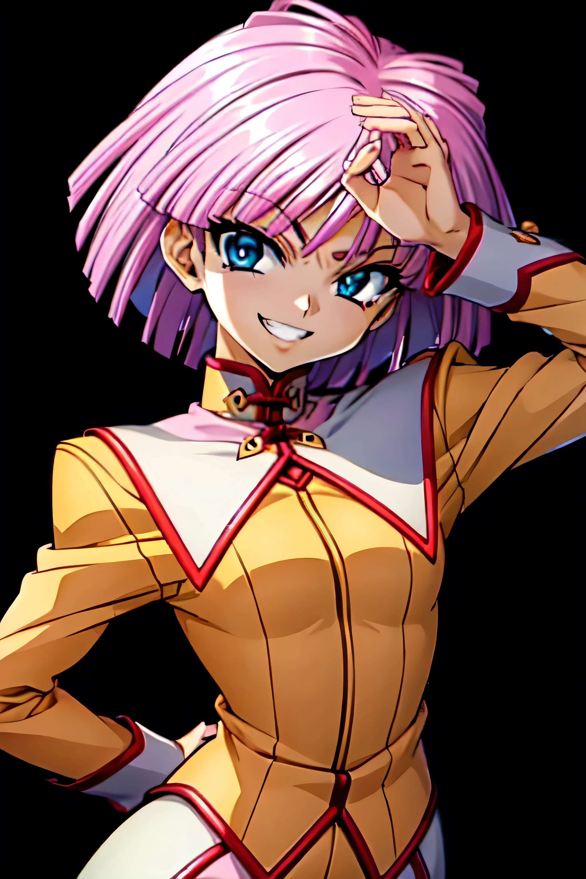(best_quality 4K, 8K, High resolution, Masterpiece: 1.2), ultra detailed),from_below,(anime_screencap),(1girl,solo),dynamic_angle,too evil_smile,too evil laugh at,tis,deep dark_face,too sadistic,smile worst,,bob short hair,,,looking at viewer,upper body,black background,